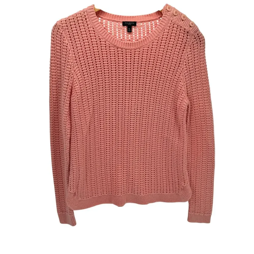 Talbots Sweater Womens Petite‎ Medium Mp Peach Open Knit Lambswool Blend Coastal